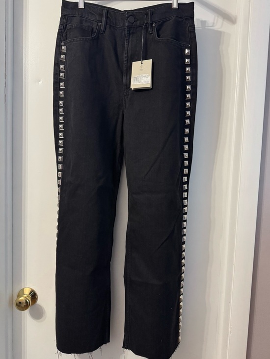 All Saints Denim - All Saints Black Women's Straight-Leg Raw Hem Jeans with Silver Stud Side Trim